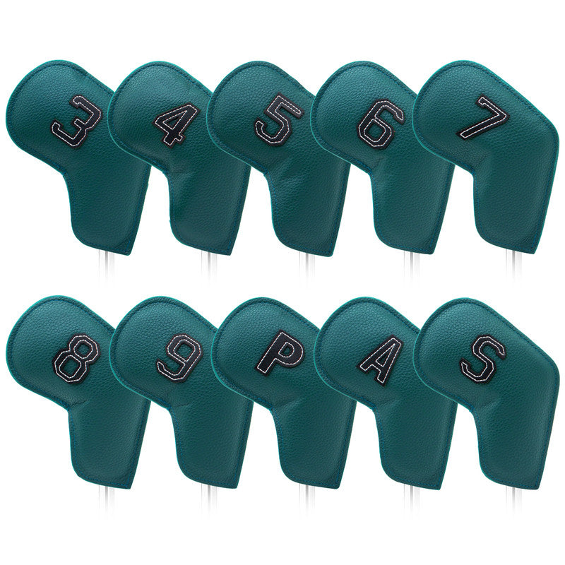 Dark Green Golf Iron Head Covers Set of 10 - Waterproof PU Leather Club Protectors with Embroidered Numbers 3-9, P, A, S