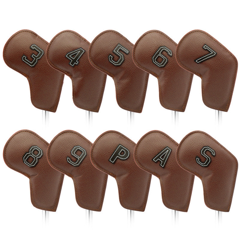 Brown Golf Iron Head Covers Set of 10 - Waterproof PU Leather Club Protectors with Embroidered Numbers 3-9, P, A, S