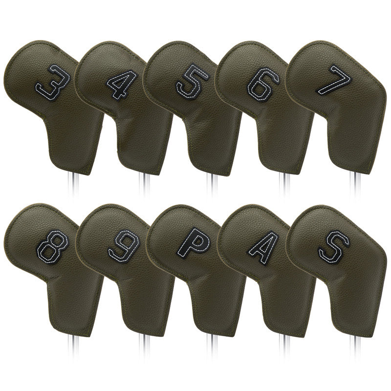 Gray Green Golf Iron Head Covers Set of 10 - Waterproof PU Leather Club Protectors with Embroidered Numbers 3-9, P, A, S