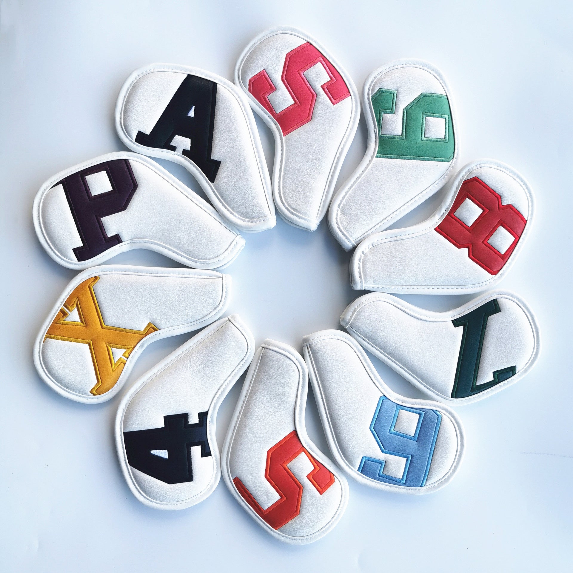 Colorful Words On White Background PU Leather Golf Iron Headcovers Set 10pcs - Numbered Protective Club Covers 4-9, P, A, S, L Universal Fit