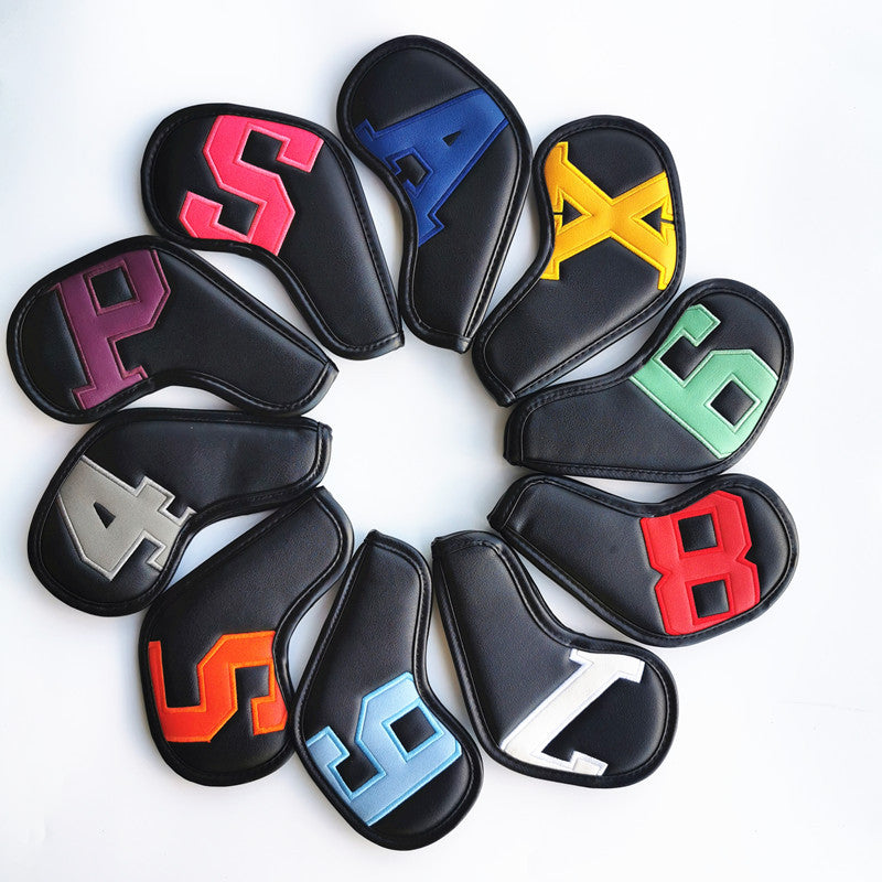 Colorful Words On Black Background PU Leather Golf Iron Headcovers Set 10pcs - Numbered Protective Club Covers 4-9, P, A, S, L Universal Fit