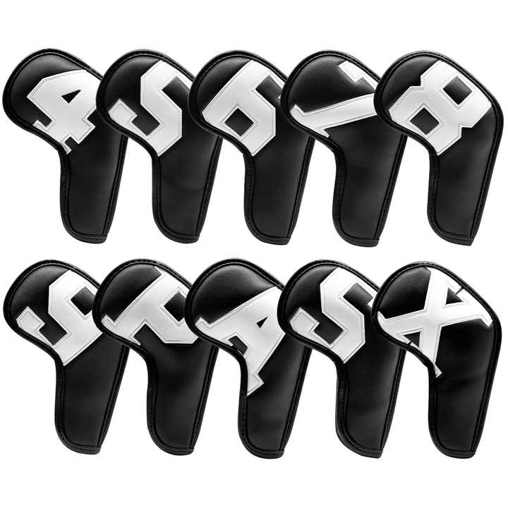 White Words On Black Background PU Leather Golf Iron Headcovers Set 10pcs - Numbered Protective Club Covers 4-9, P, A, S, L Universal Fit