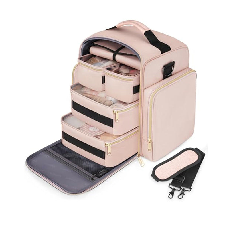 Travel Makeup Organizer Bag - 4 Detachable Compartments, Jewelry Roll & Multiple Pouches