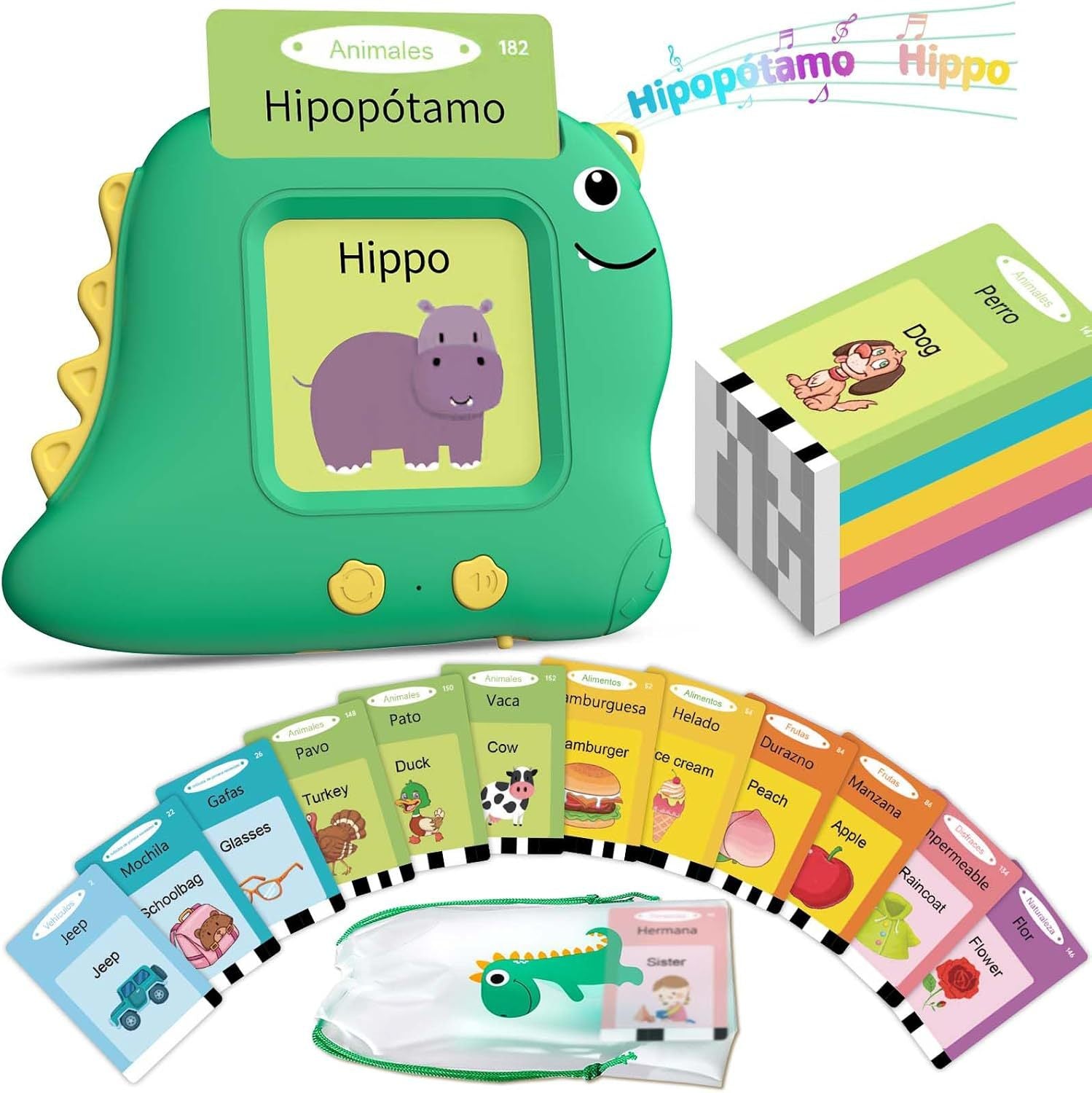 Little Green Dinosaur 112 cards Bilingual Early Learning Flash Card Reader - Interactive Audio Toy for Toddlers