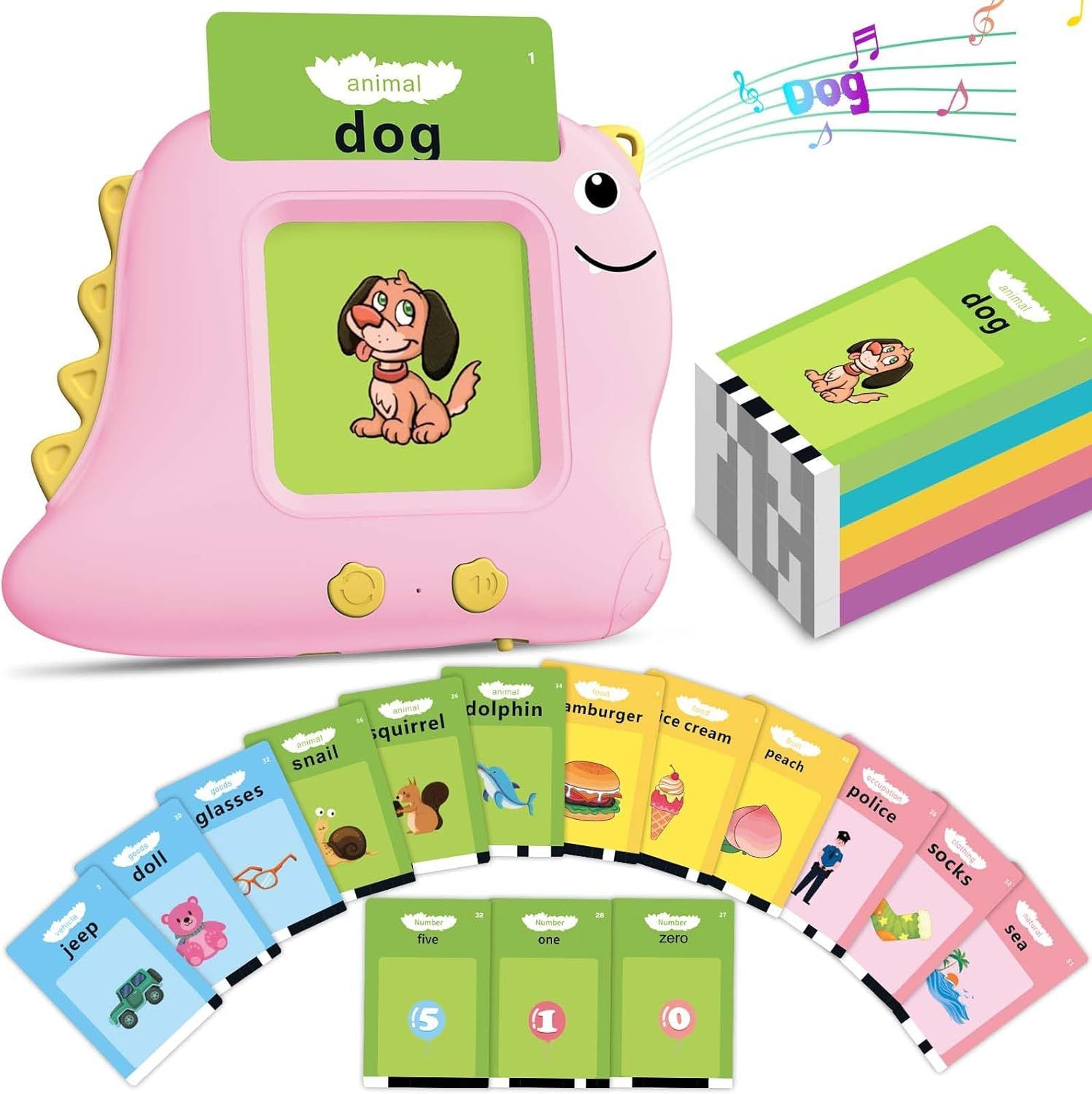 Little Pink Dinosaur 112 cards Bilingual Early Learning Flash Card Reader - Interactive Audio Toy for Toddlers