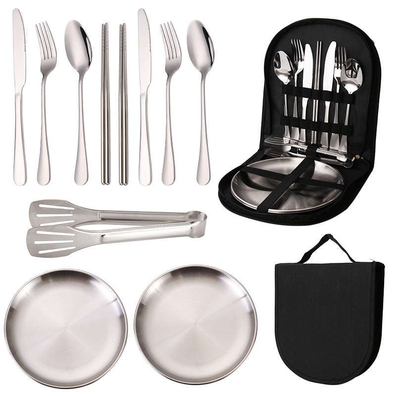 6-Piece Portable Stainless Steel Cutlery Set with Plate and Bag - Silver, Great for Camping and Travel Chopsticks