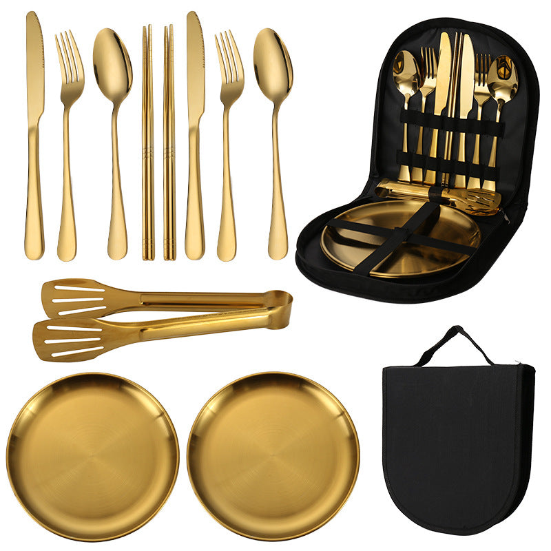 6-Piece Portable Stainless Steel Cutlery Set with Plate and Bag - Gold, Great for Camping and Travel Chopsticks