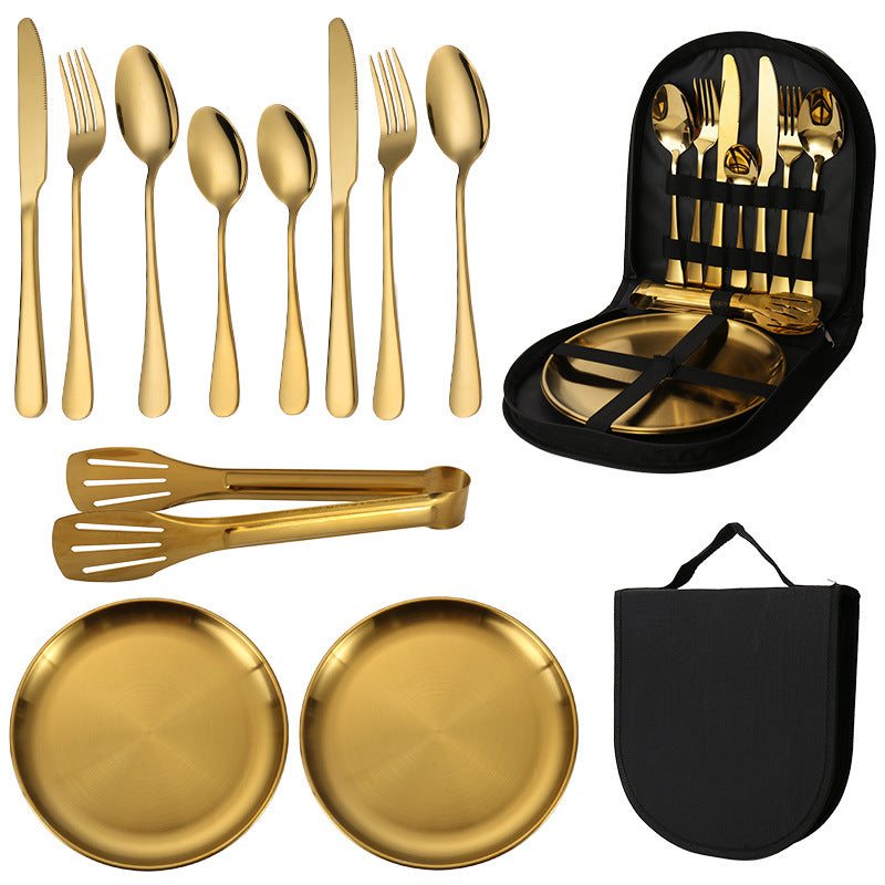 6-Piece Portable Stainless Steel Cutlery Set with Plate and Bag - Gold, Great for Camping and Travel Teaspoon