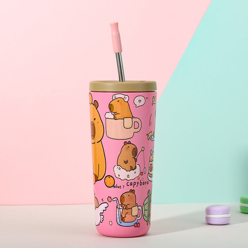 304 Stainless Steel Insulated Tumbler,Cartoon Design Portable Straw Cup for Home and Office Pink