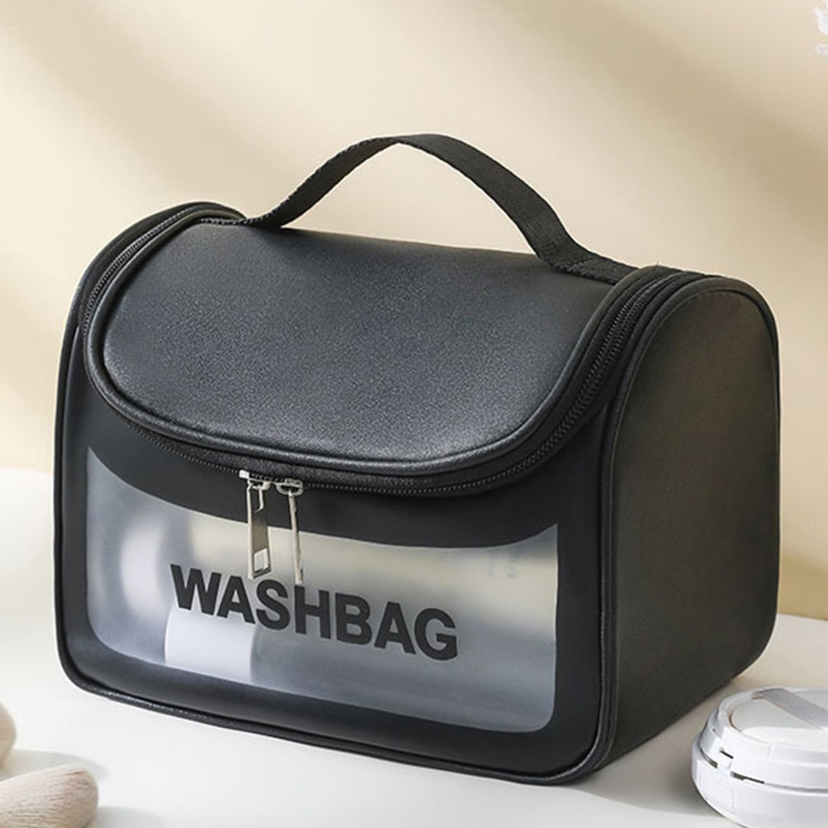 PVC Transparent Cosmetic Bag,Waterproof Portable Travel Organizer with Handle Black