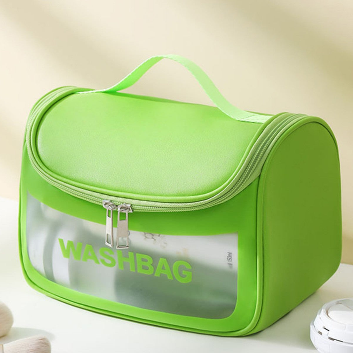 PVC Transparent Cosmetic Bag,Waterproof Portable Travel Organizer with Handle Green