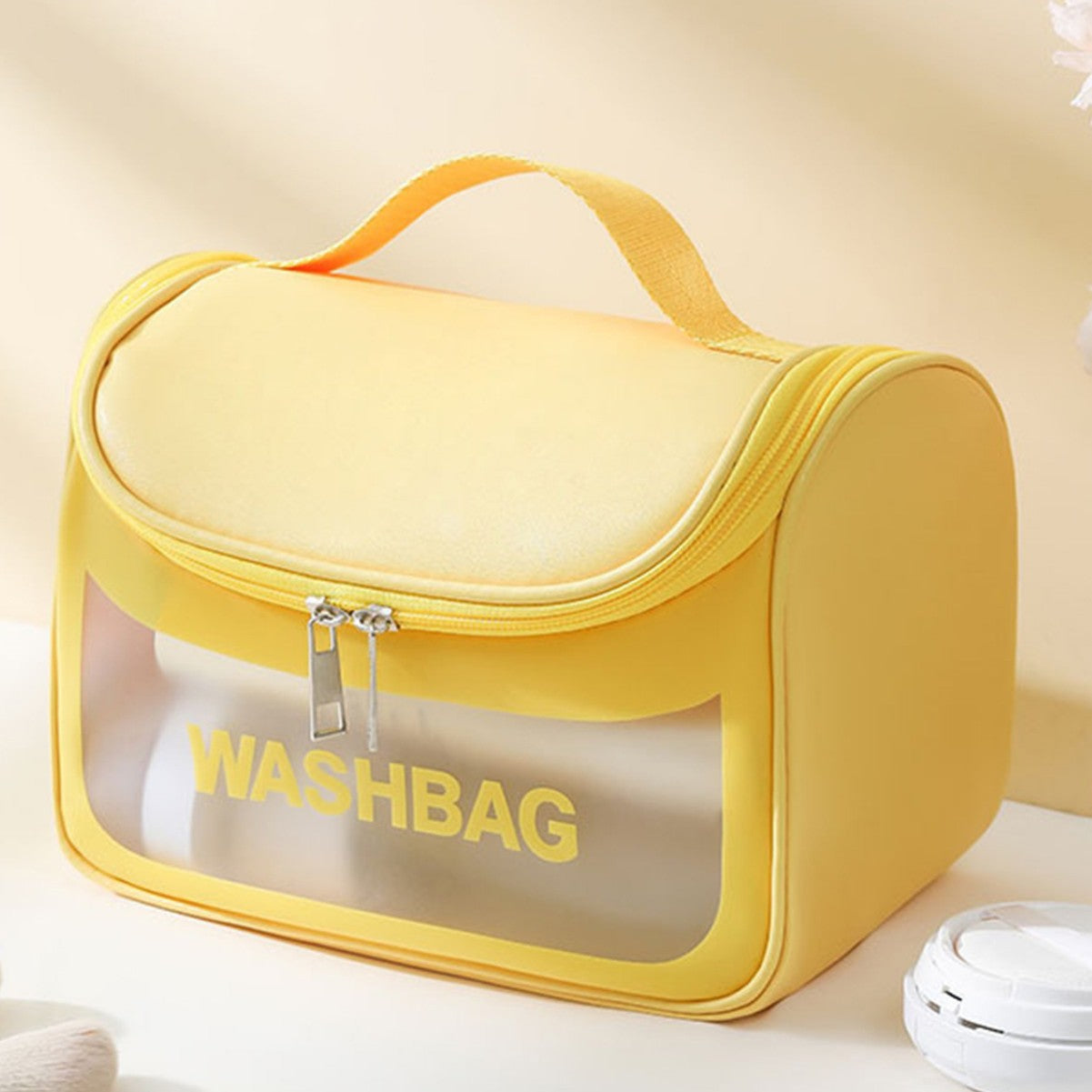 PVC Transparent Cosmetic Bag,Waterproof Portable Travel Organizer with Handle Yellow