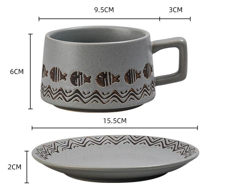 Vintage Ceramic Coffee Cup and Saucer Set - Elegant Afternoon Tea Set Wave Fish Gray