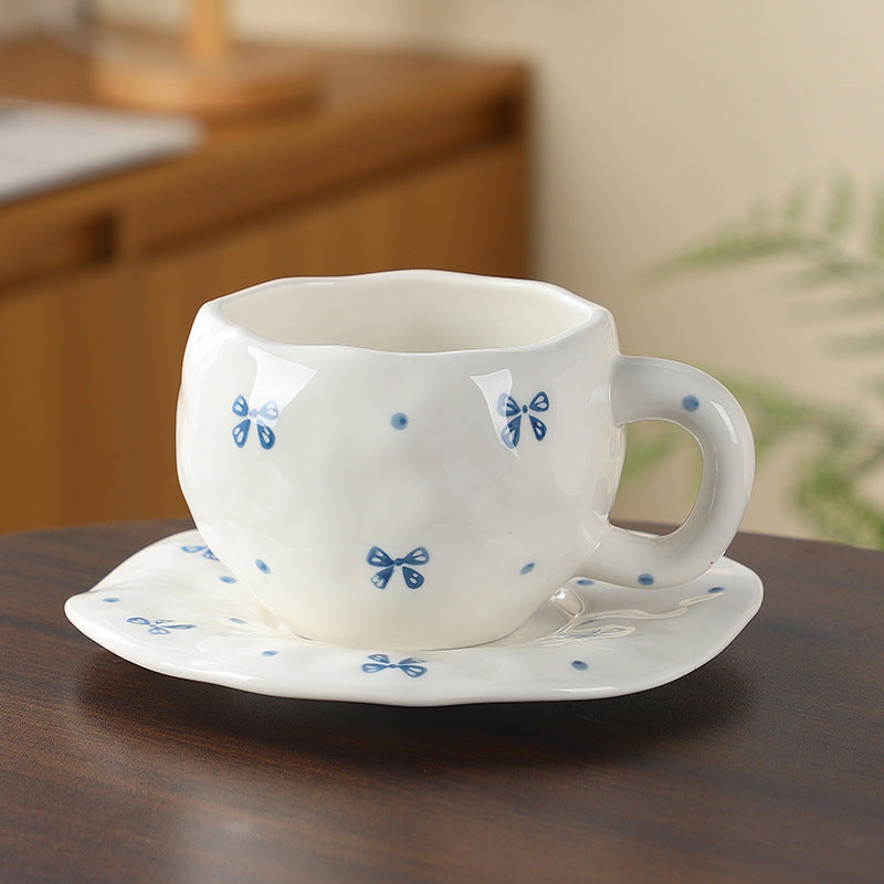 Hand-Painted Ceramic Coffee Cup and Saucer Set - Vintage Afternoon Tea Blue bow