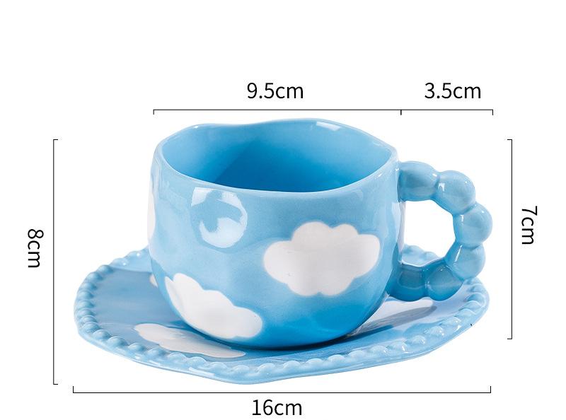 Hand-Painted Ceramic Coffee Mug and Saucer Set - Whimsical Afternoon Tea Cup with Spoon Blue sky and white clouds