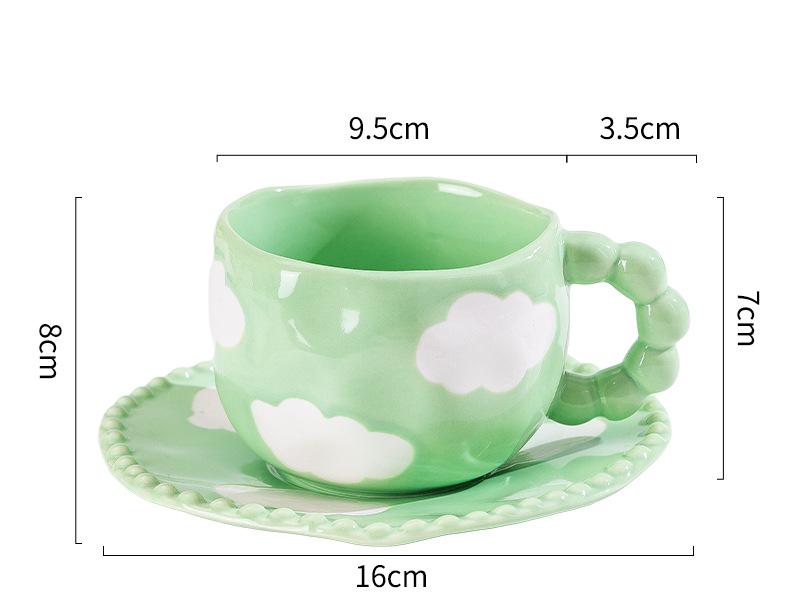 Hand-Painted Ceramic Coffee Mug and Saucer Set - Whimsical Afternoon Tea Cup with Spoon White cloud-green