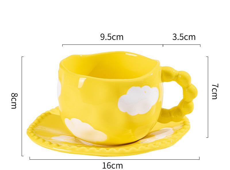 Hand-Painted Ceramic Coffee Mug and Saucer Set - Whimsical Afternoon Tea Cup with Spoon White cloud-yellow