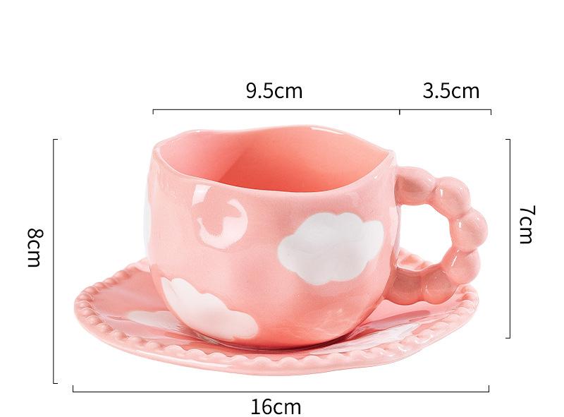 Hand-Painted Ceramic Coffee Mug and Saucer Set - Whimsical Afternoon Tea Cup with Spoon White cloud-pink
