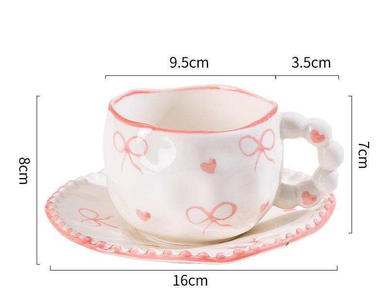 Hand-Painted Ceramic Coffee Mug and Saucer Set - Whimsical Afternoon Tea Cup with Spoon Pink-edged bow