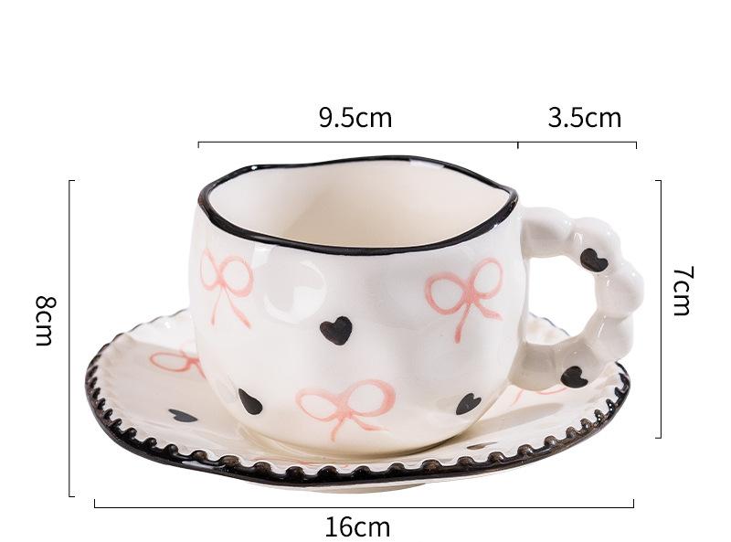 Hand-Painted Ceramic Coffee Mug and Saucer Set - Whimsical Afternoon Tea Cup with Spoon Black-edged bow