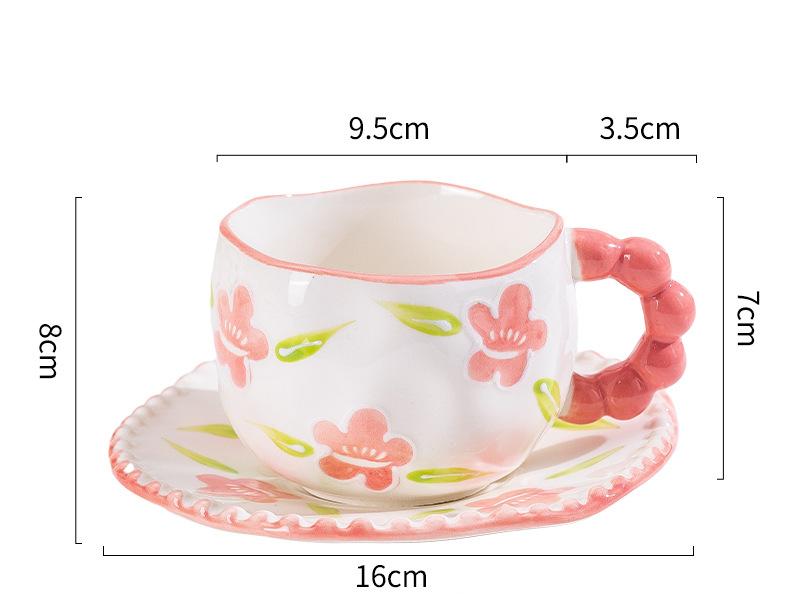 Hand-Painted Ceramic Coffee Mug and Saucer Set - Whimsical Afternoon Tea Cup with Spoon Smiley pink flower