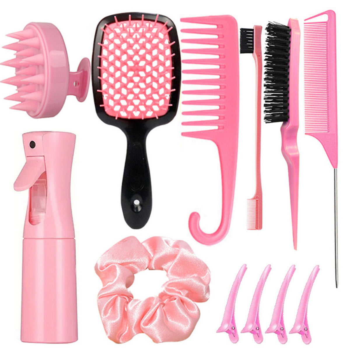 Complete Hair Styling Kit with Detangling Brushes, Combs, Spray Bottle, and Accessories pink