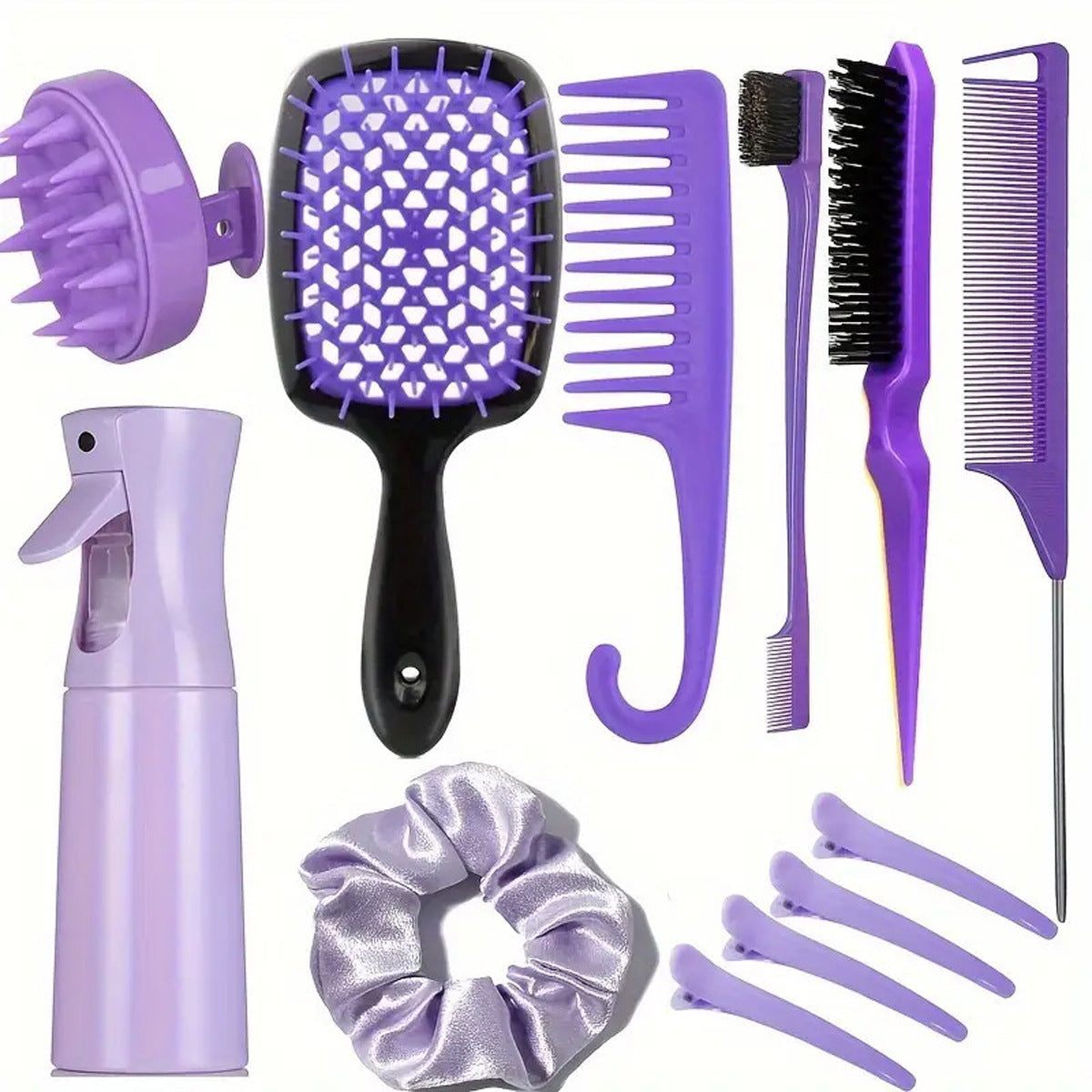 Complete Hair Styling Kit with Detangling Brushes, Combs, Spray Bottle, and Accessories Purple