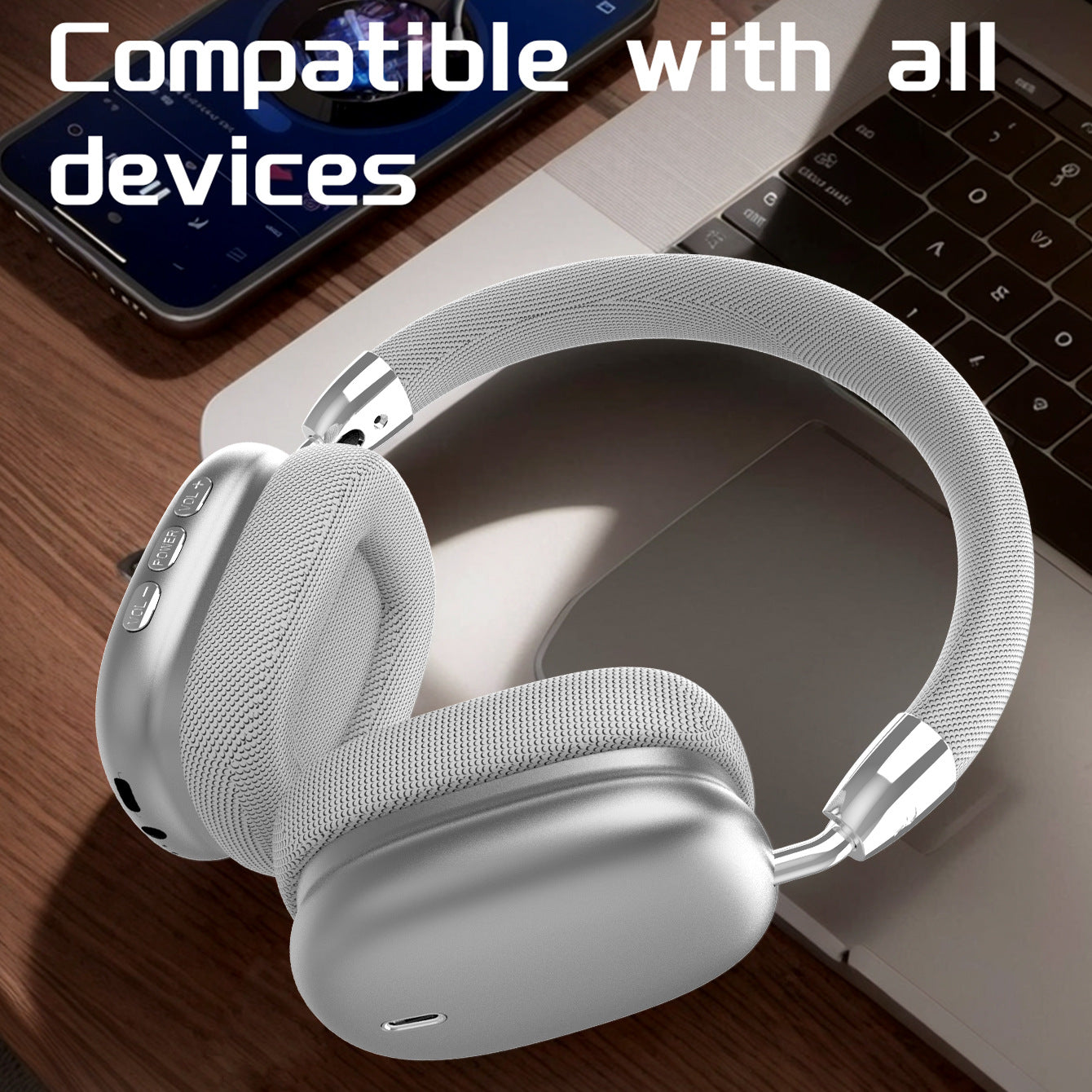 Premium Wireless Bluetooth Headphones with Stereo Hi-Fi Sound silver