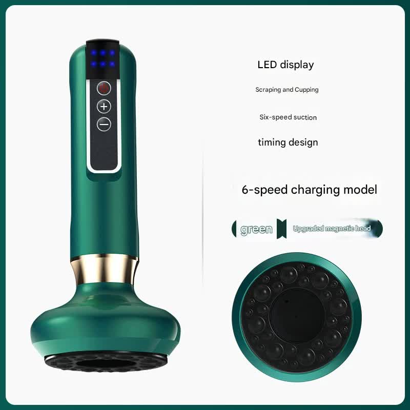 Rechargeable 6-Level Electric Cupping & Gua Sha Massager with LED Display & Magnetic Therapy Head green