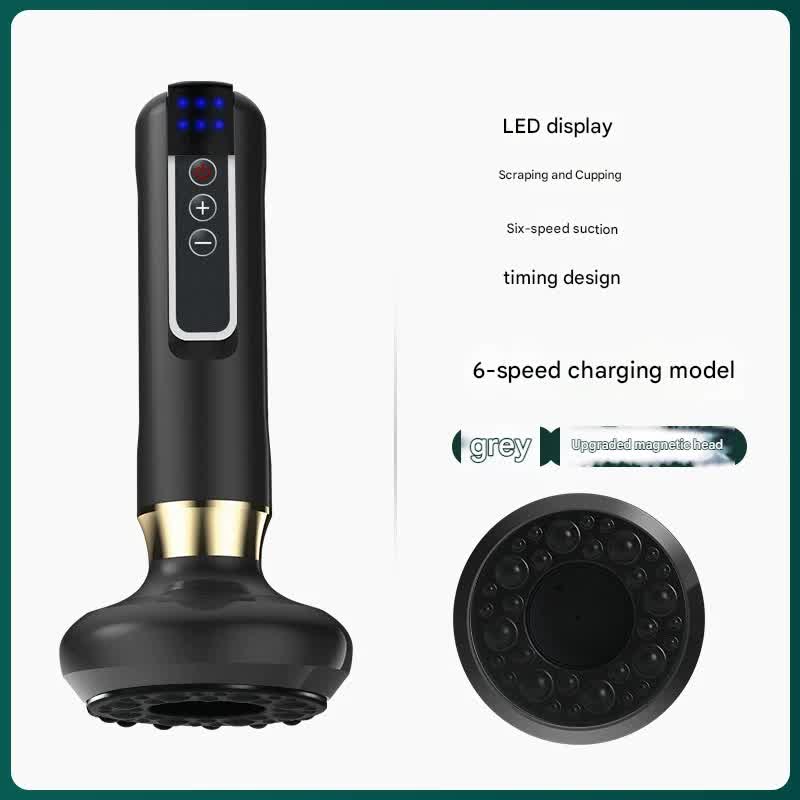 Rechargeable 6-Level Electric Cupping & Gua Sha Massager with LED Display & Magnetic Therapy Head grey
