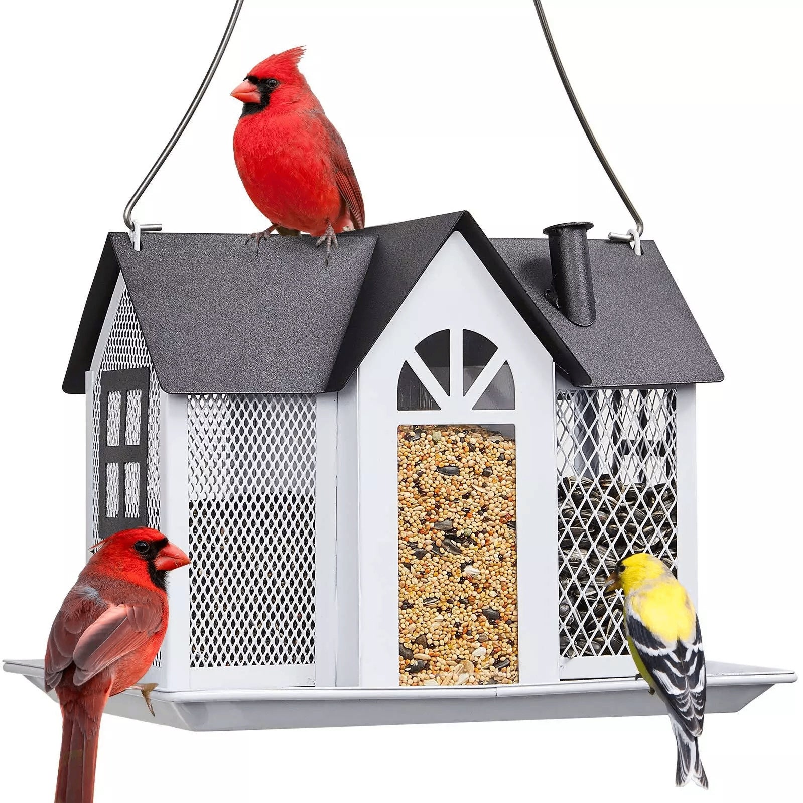 Charming House-Shaped Hanging Bird Feeder - Durable Metal Design for Wild Birds white