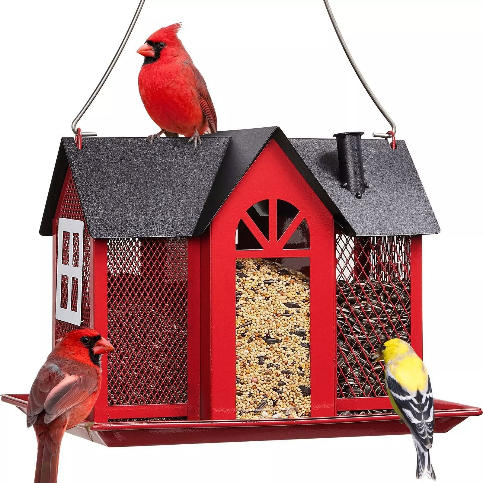 Charming House-Shaped Hanging Bird Feeder - Durable Metal Design for Wild Birds red