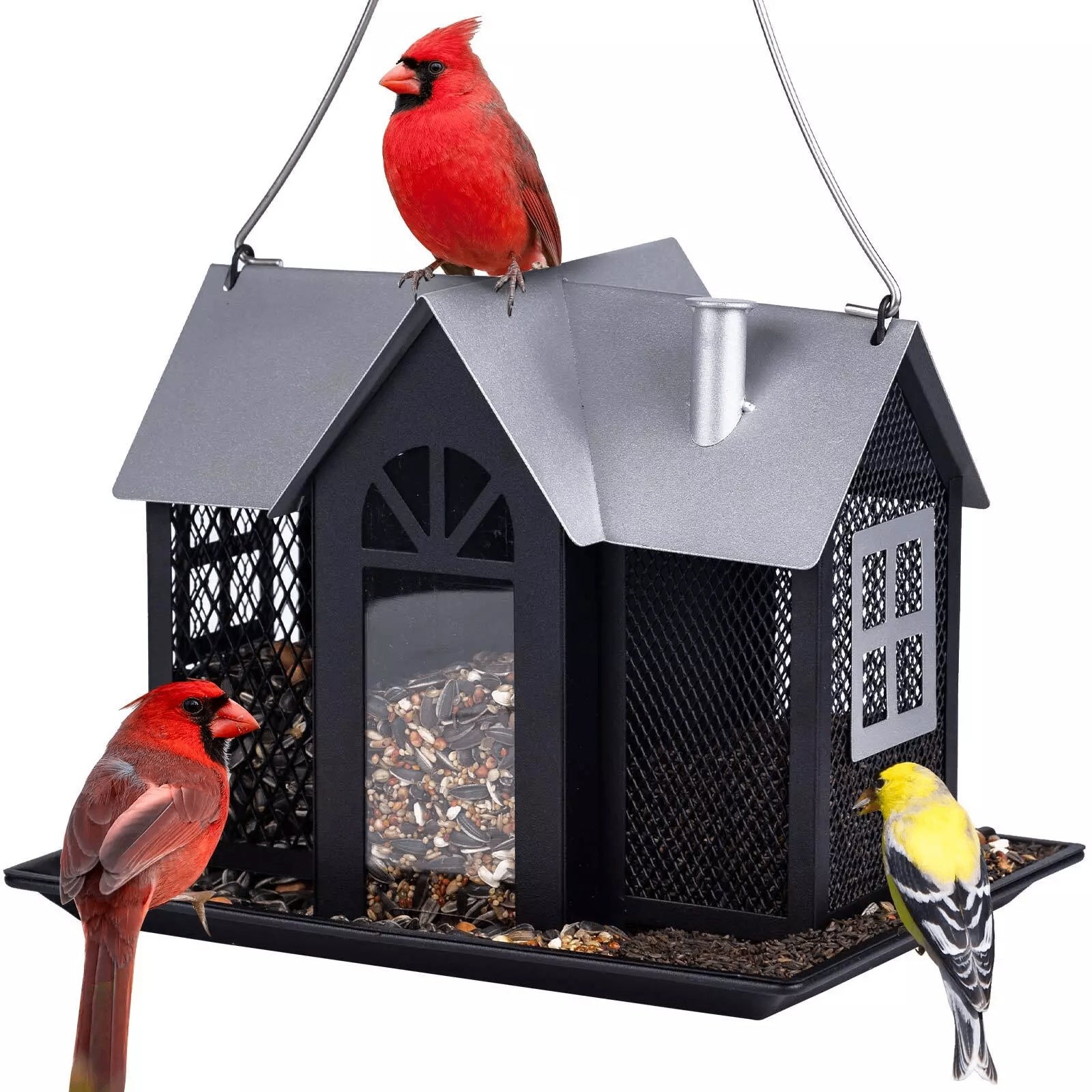 Charming House-Shaped Hanging Bird Feeder - Durable Metal Design for Wild Birds black