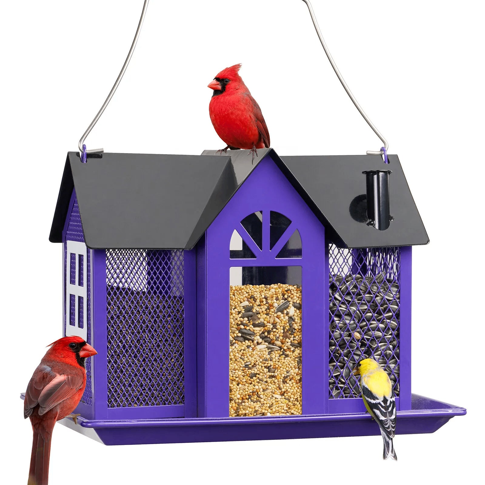 Charming House-Shaped Hanging Bird Feeder - Durable Metal Design for Wild Birds purple