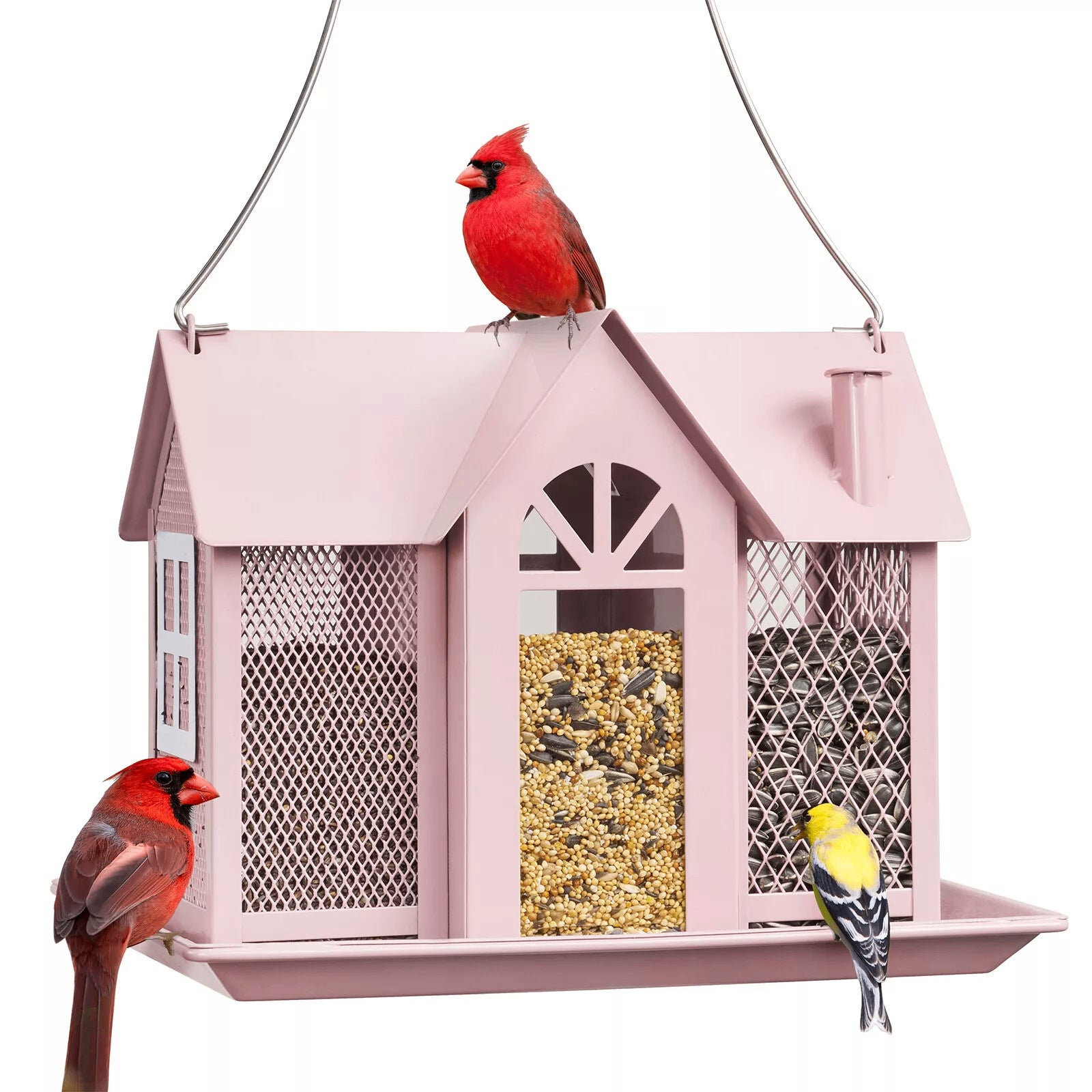 Charming House-Shaped Hanging Bird Feeder - Durable Metal Design for Wild Birds pink