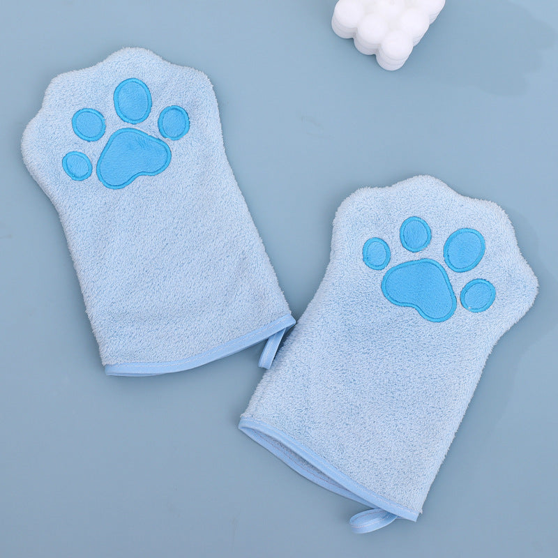 Adorable Pet Paw Grooming & Drying Mitt - Super Absorbent Fleece Material Blue