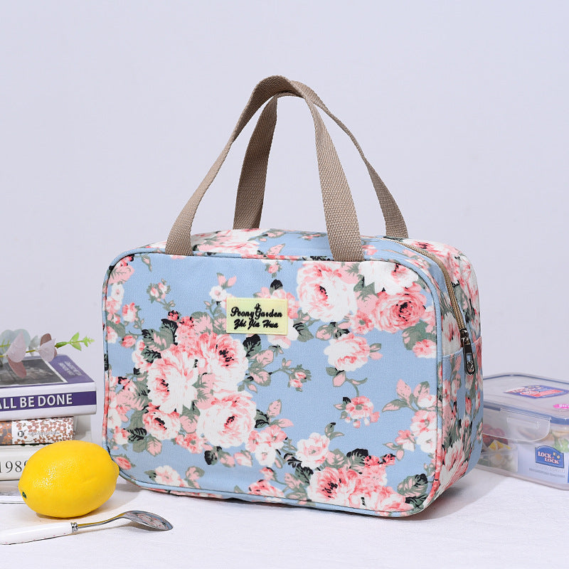 Versatile Portable Handled Bag - Durable Waterproof Fabric, Ideal for Toiletries, Lunch & Travel Light blue peony