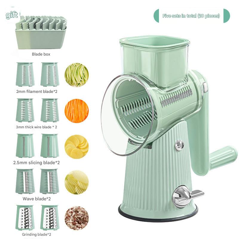 Multi-Function Rotary Vegetable Slicer & Grater - 5 Blade Types 10 Pcs Total with Storage Box-green