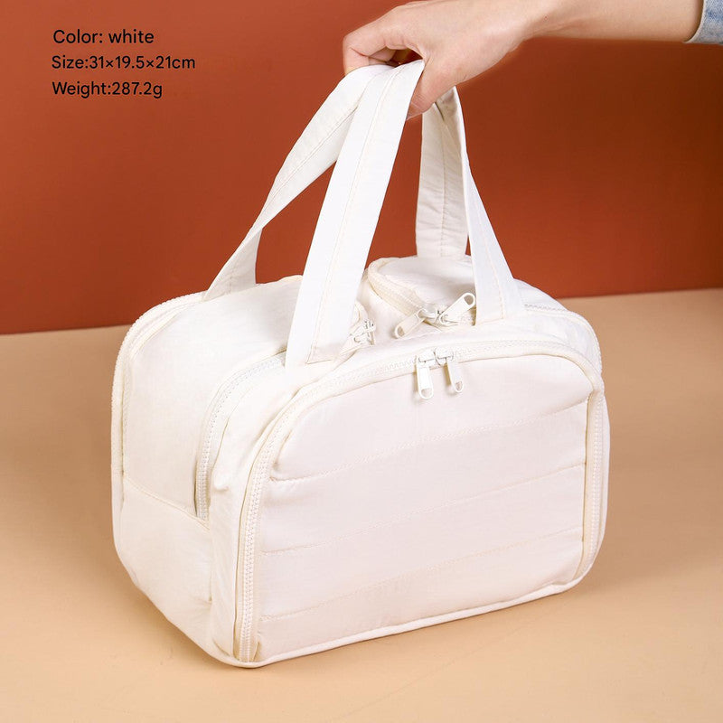 Portable Multi-Compartment Travel Toiletry & Makeup Organizer Bag with Brush Holders Beige