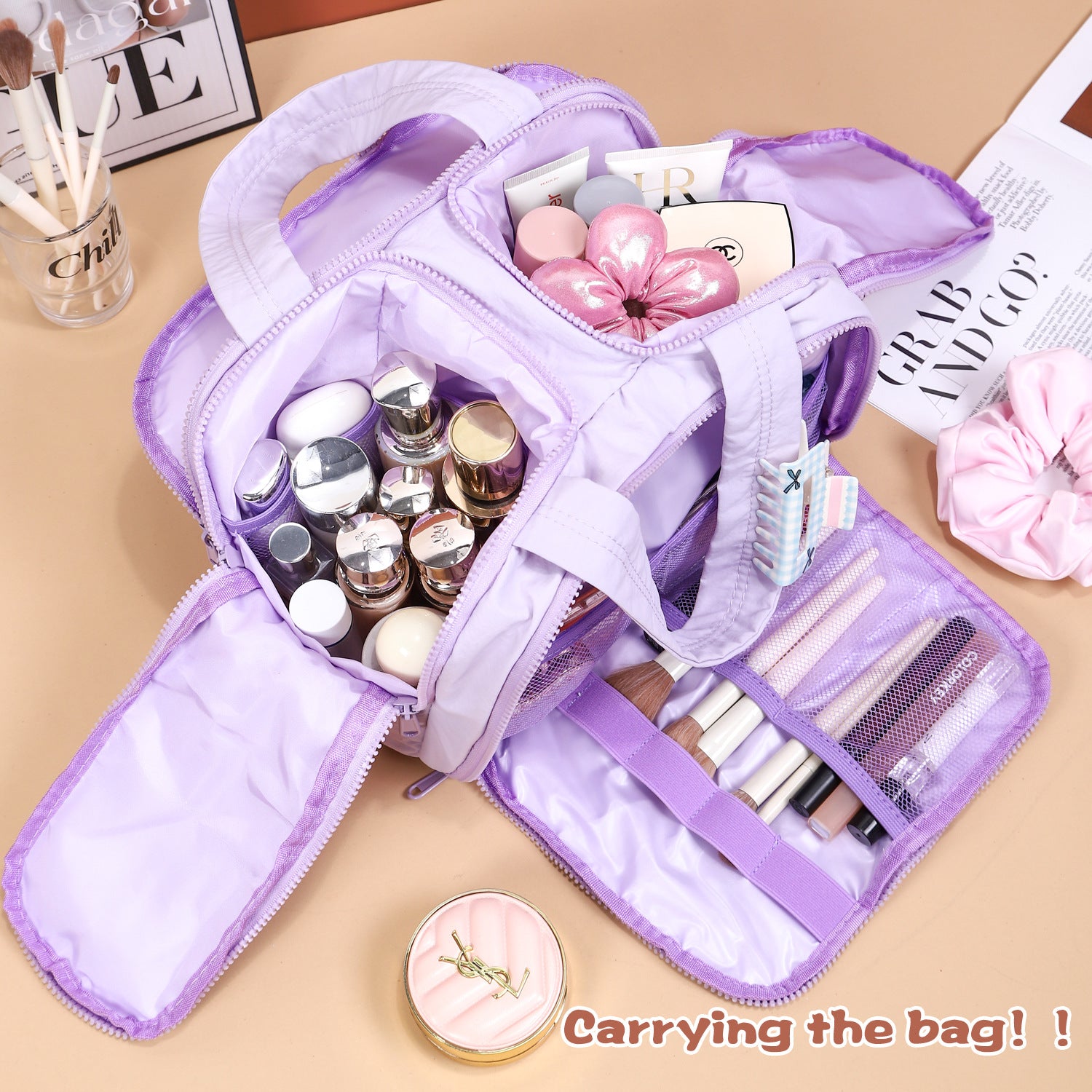 Portable Multi-Compartment Travel Toiletry & Makeup Organizer Bag with Brush Holders Light purple