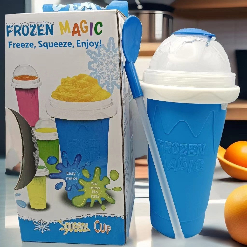 DIY Frozen Magic Slushy Maker Cup - Quick Squeeze Smoothie Cup with Lid & Straw/Spoon Blue