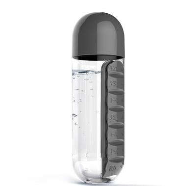 Two 2-in-1 Water Bottle with 7-Day Pill Organizer - 600ml BPA-Free, Portable & Leakproof black