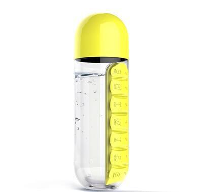 Two 2-in-1 Water Bottle with 7-Day Pill Organizer - 600ml BPA-Free, Portable & Leakproof Yellow