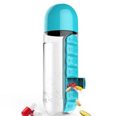 Two 2-in-1 Water Bottle with 7-Day Pill Organizer - 600ml BPA-Free, Portable & Leakproof Blue