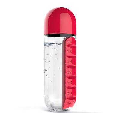 Two 2-in-1 Water Bottle with 7-Day Pill Organizer - 600ml BPA-Free, Portable & Leakproof Red