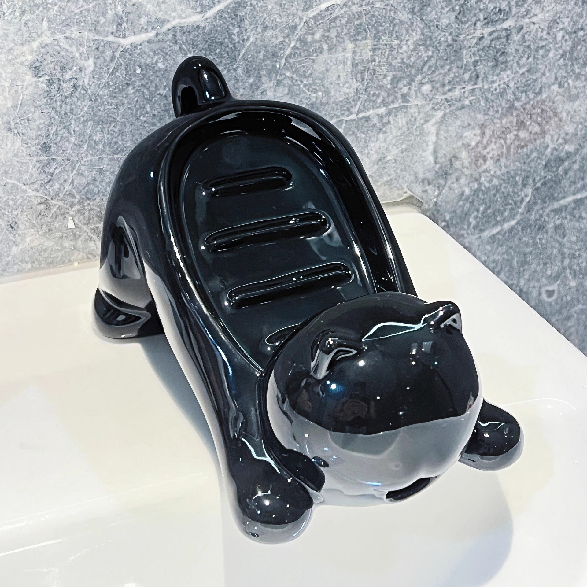 Charming Cat-Shaped Ceramic Soap Dish - Creative & Versatile Home Decor Accent Black
