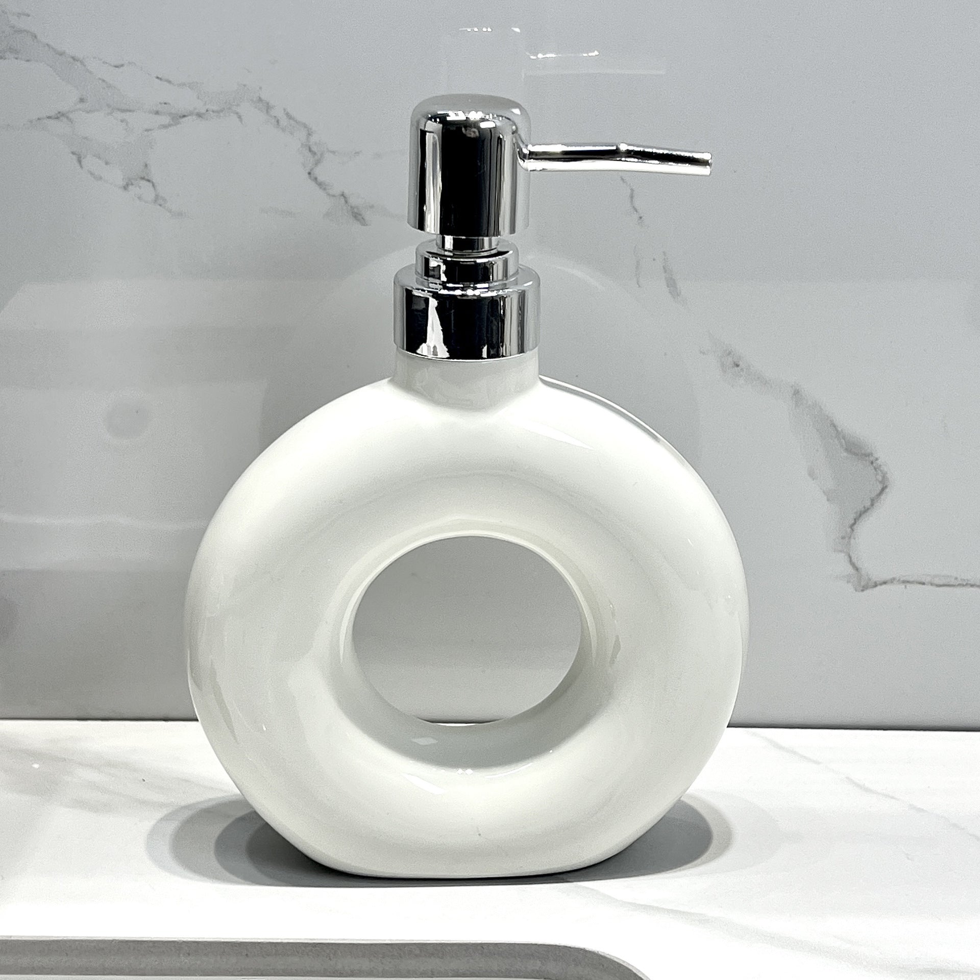 Modern Ceramic Soap & Lotion Dispenser - Unique Geometric Designs, 300ml Capacity Donut lotion bottle milky white