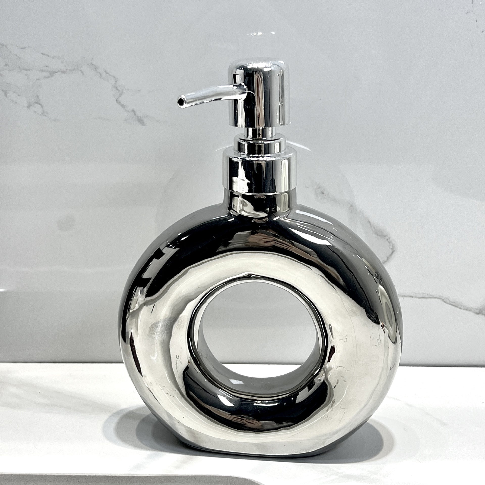 Modern Ceramic Soap & Lotion Dispenser - Unique Geometric Designs, 300ml Capacity Donut lotion bottle, silver