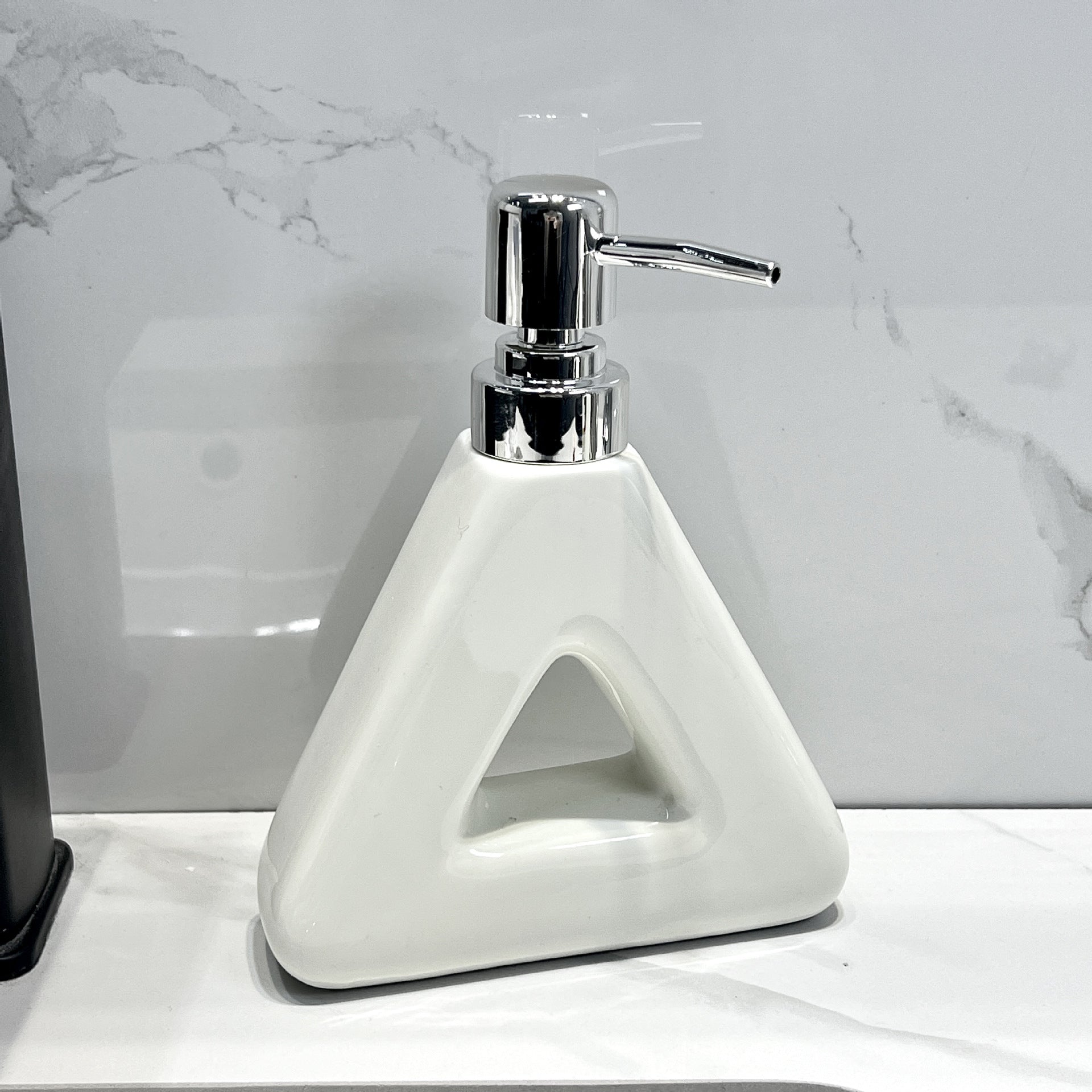 Modern Ceramic Soap & Lotion Dispenser - Unique Geometric Designs, 300ml Capacity Triangular lotion bottle, milky white