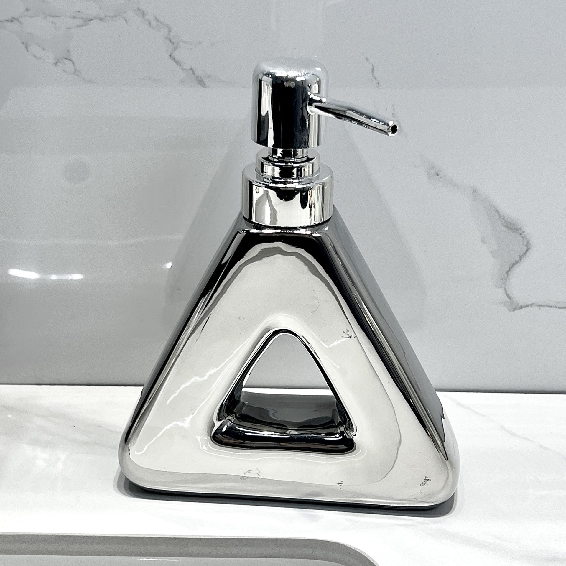 Modern Ceramic Soap & Lotion Dispenser - Unique Geometric Designs, 300ml Capacity Triangular lotion bottle, silver